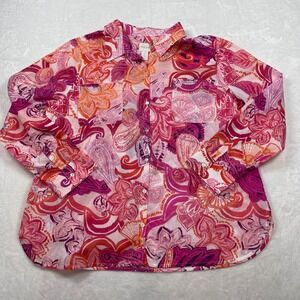 Chico's Pink Paisley Floral Cotton Button Down Shirt Size 2 (L) Long Sleeve Airy